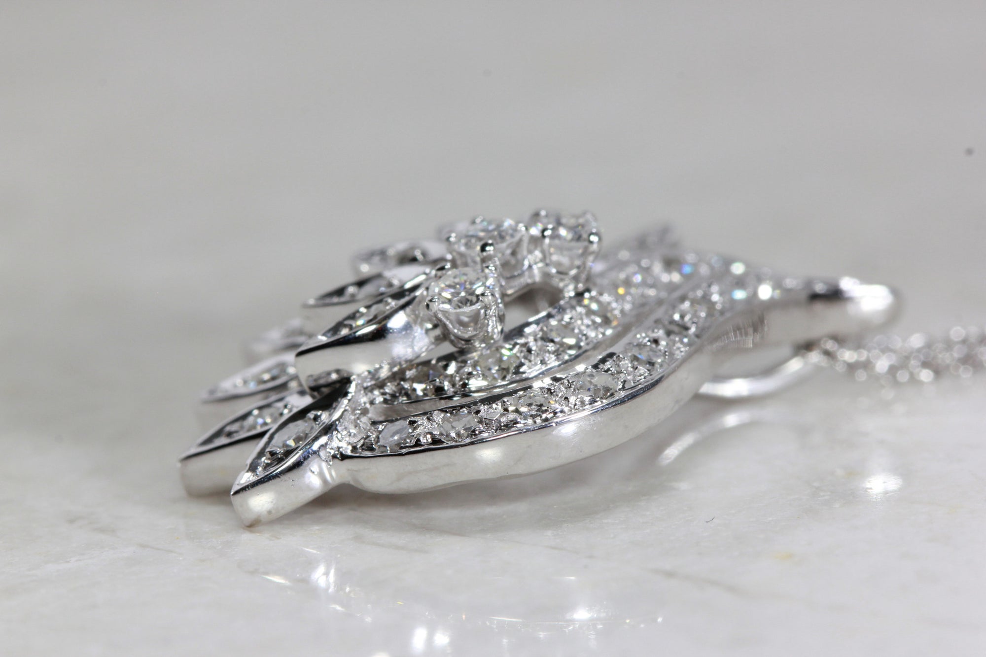 ANTIQUE DIAMOND PENDANT NECKLACE 14K WHITE GOLD & CHAIN