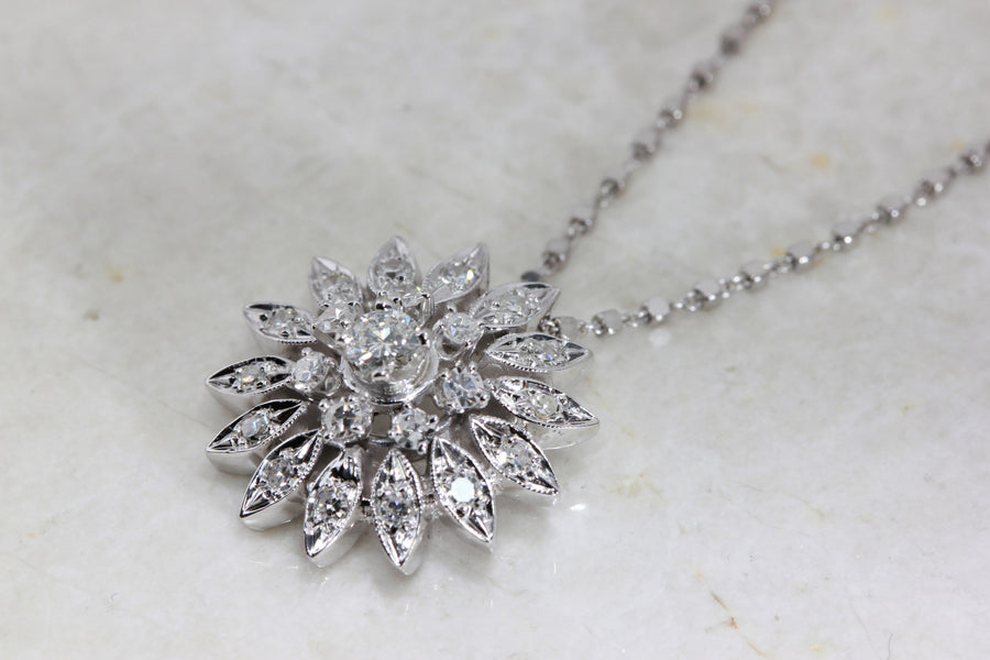 ANTIQUE SUN BURST DIAMOND PENDANT NECKLACE 14K WHITE GOLD & DIAMOND CUT CHAIN
