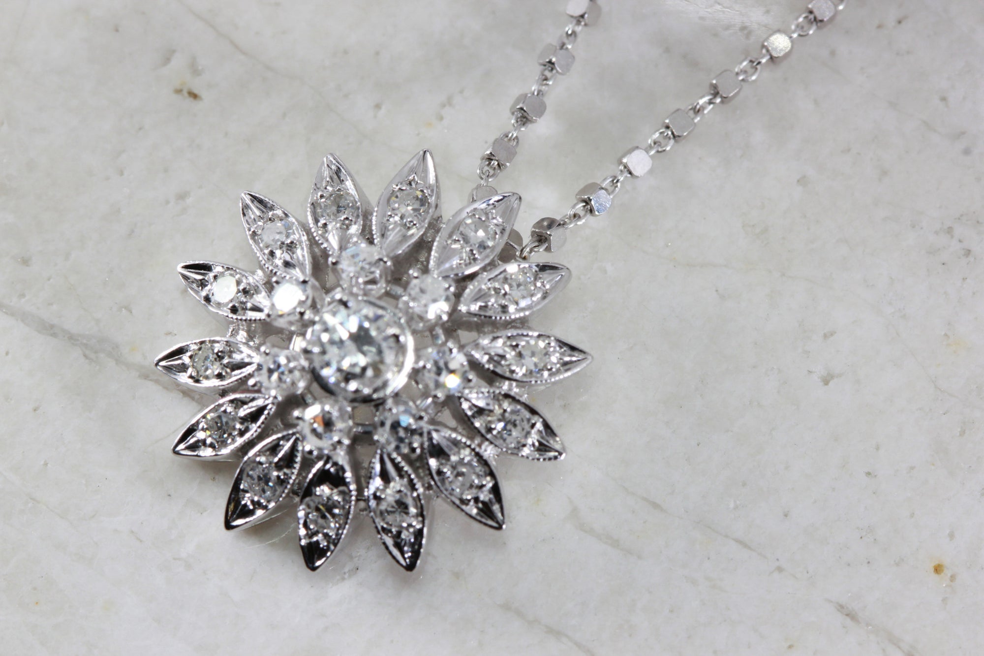 ANTIQUE SUN BURST DIAMOND PENDANT NECKLACE 14K WHITE GOLD & DIAMOND CUT CHAIN