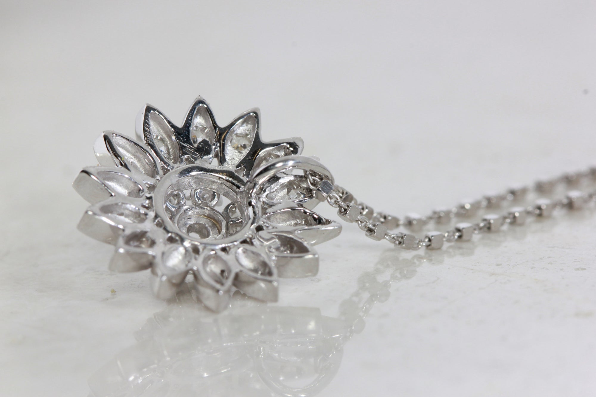 ANTIQUE SUN BURST DIAMOND PENDANT NECKLACE 14K WHITE GOLD & DIAMOND CUT CHAIN