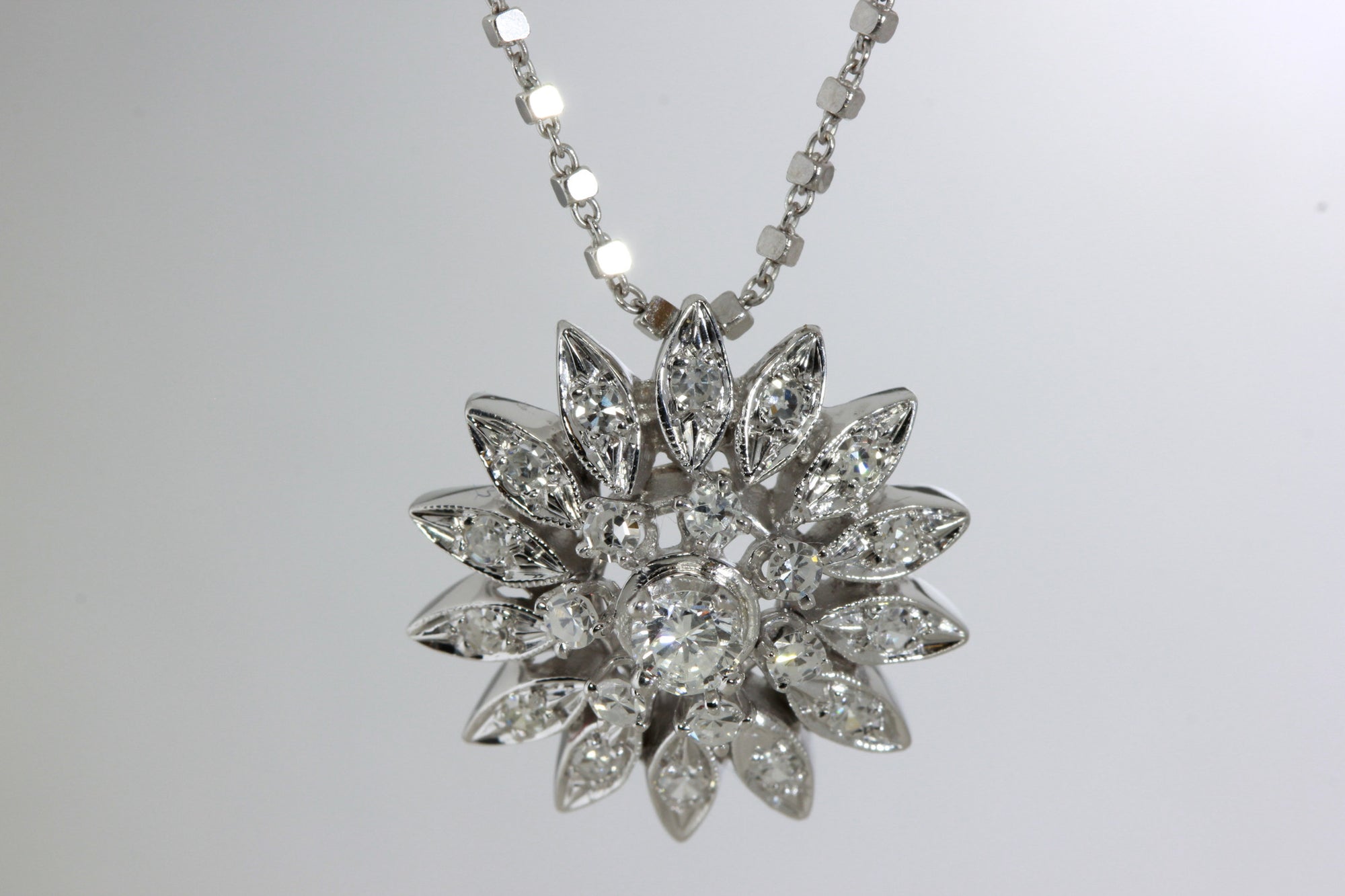 ANTIQUE SUN BURST DIAMOND PENDANT NECKLACE 14K WHITE GOLD & DIAMOND CUT CHAIN