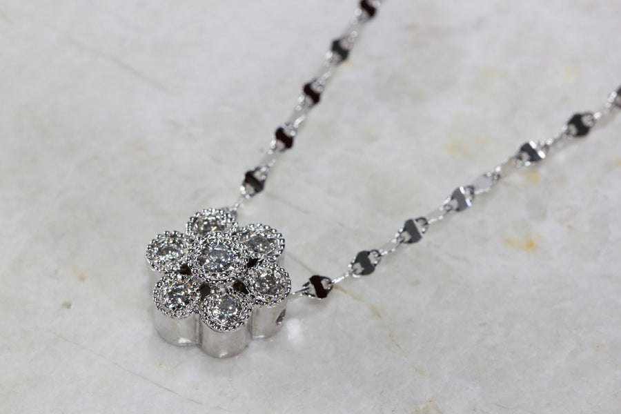 ANTIQUE FLOWER DIAMOND CLUSTER PENDANT NECKLACE 14K WHITE GOLD & CHAIN