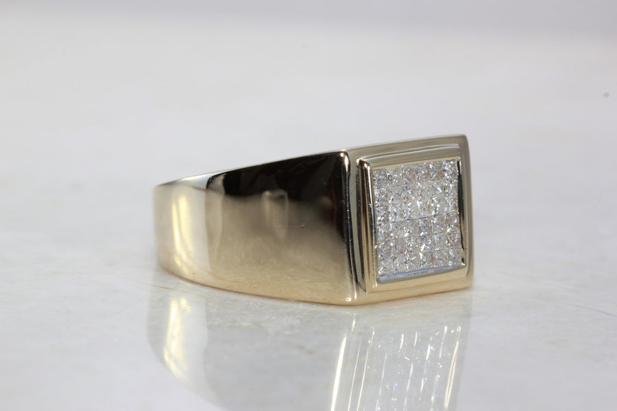 INVISIBLE SET MENS DIAMOND RING SQUARE SHAPE 14k YELLOW GOLD