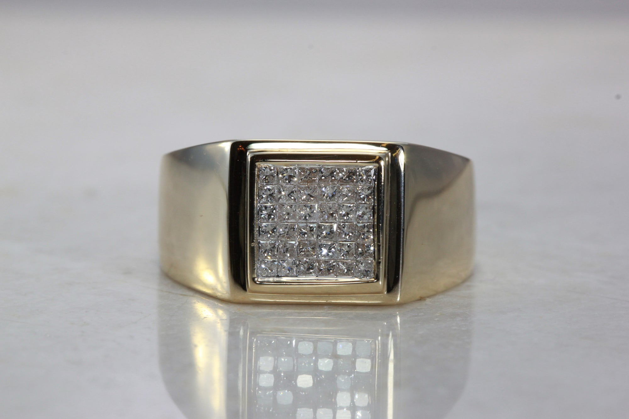 INVISIBLE SET MENS DIAMOND RING SQUARE SHAPE 14k YELLOW GOLD