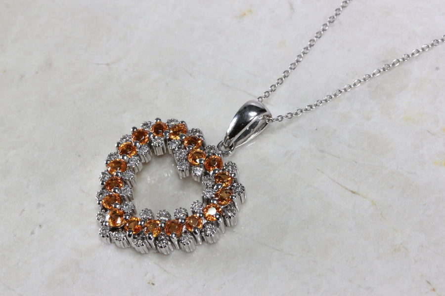 14k GOLD DIAMONDS & YELLOW SAPPHIRE OPEN HEART PENDANT AND CHAIN