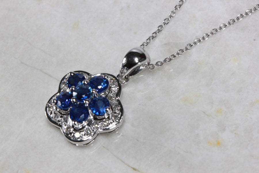 14K WHITE GOLD SAPPHIRE CLUSTER FLOWER SETTING & DIAMOND PENDANT NECKLACE