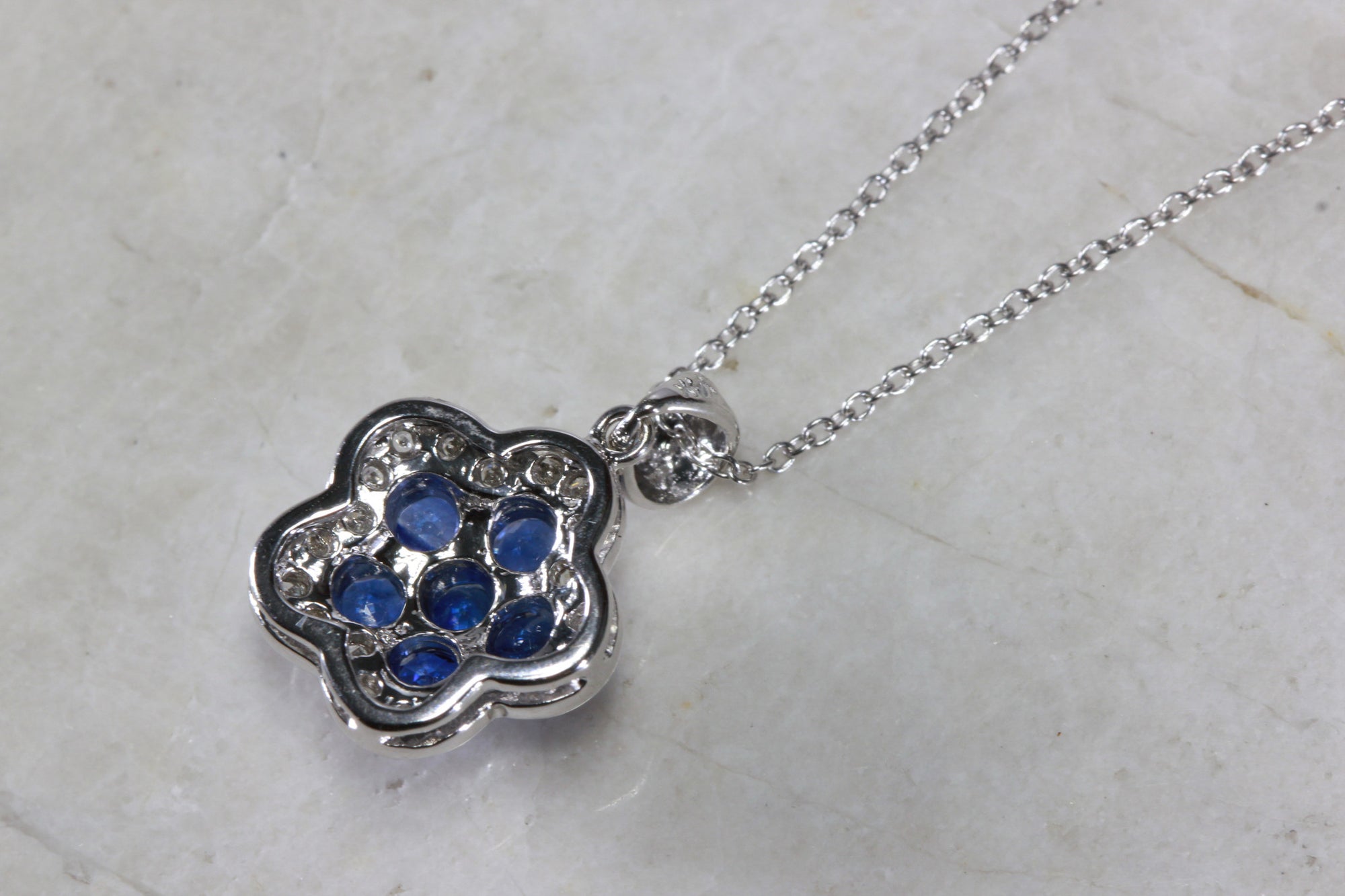 14K WHITE GOLD SAPPHIRE CLUSTER FLOWER SETTING & DIAMOND PENDANT NECKLACE