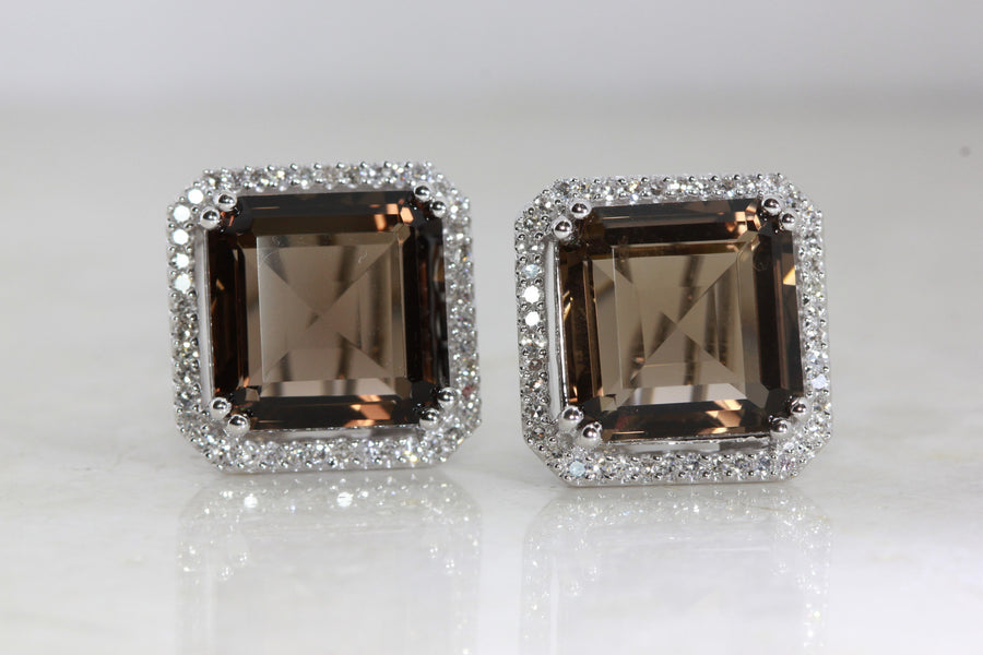 14k WHITE GOLD LADIES DIAMOND EARRINGS & SMOKY TOPAZ SQUARE SHAPE
