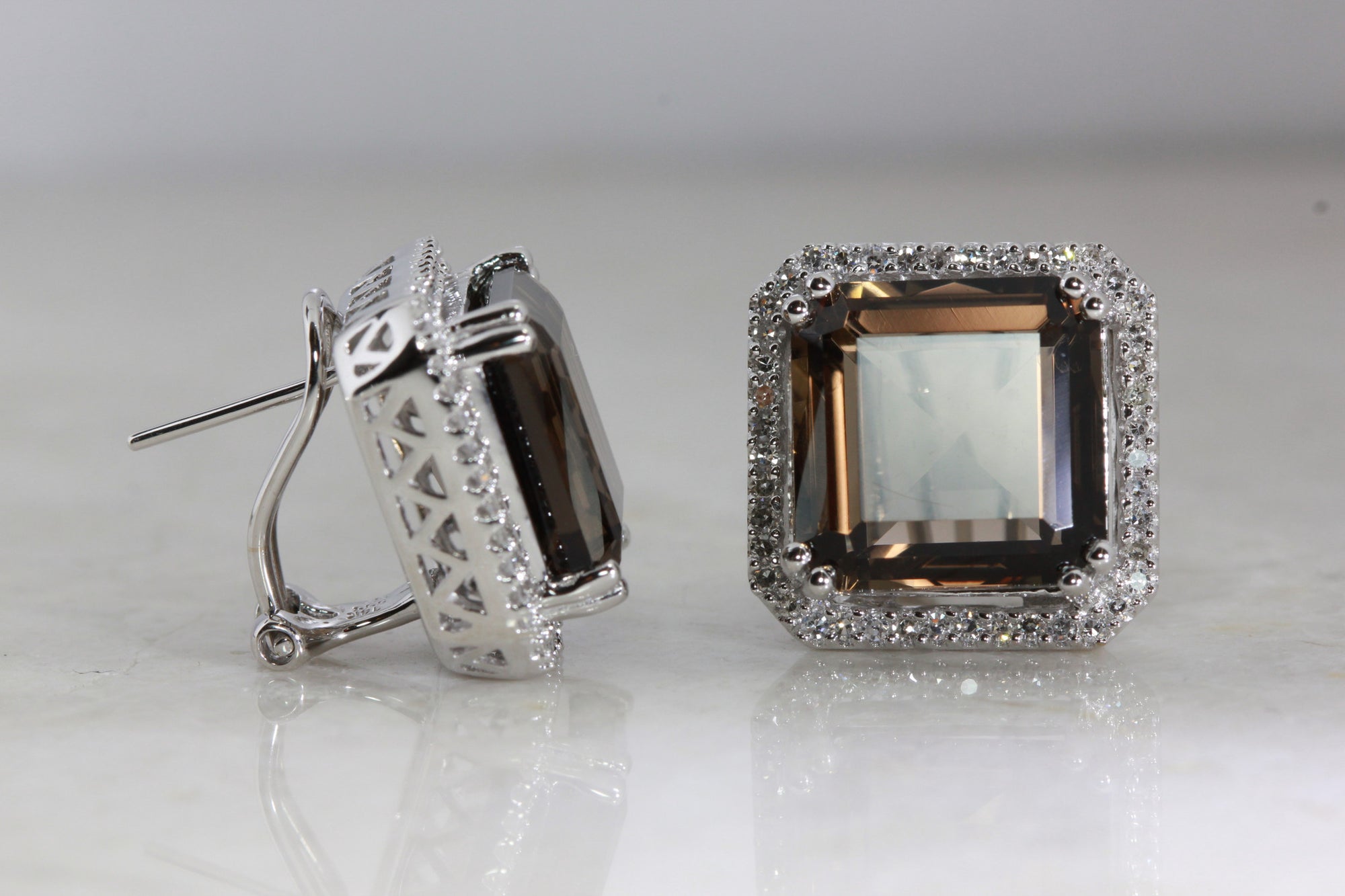14k WHITE GOLD LADIES DIAMOND EARRINGS & SMOKY TOPAZ SQUARE SHAPE
