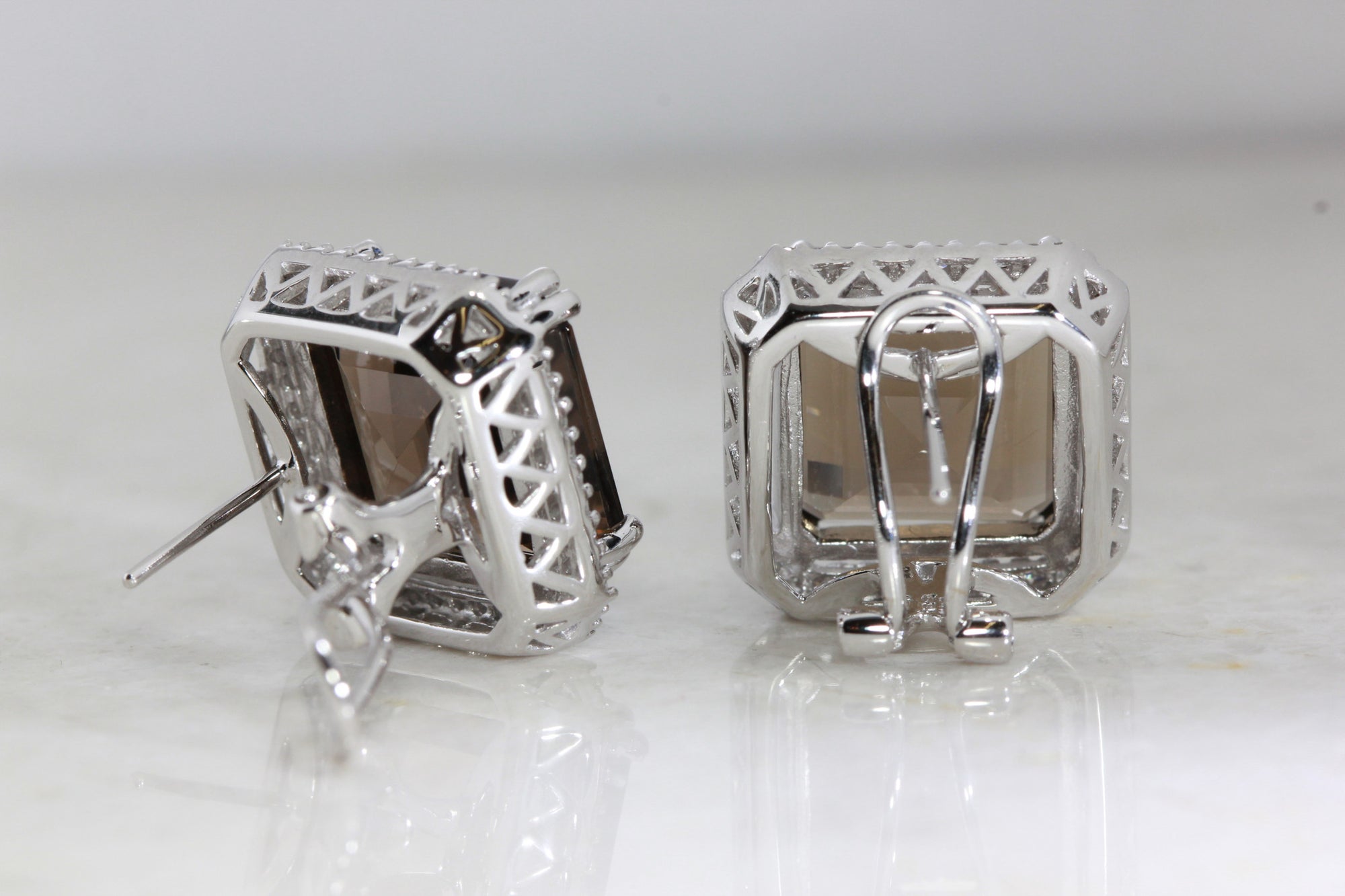 14k WHITE GOLD LADIES DIAMOND EARRINGS & SMOKY TOPAZ SQUARE SHAPE