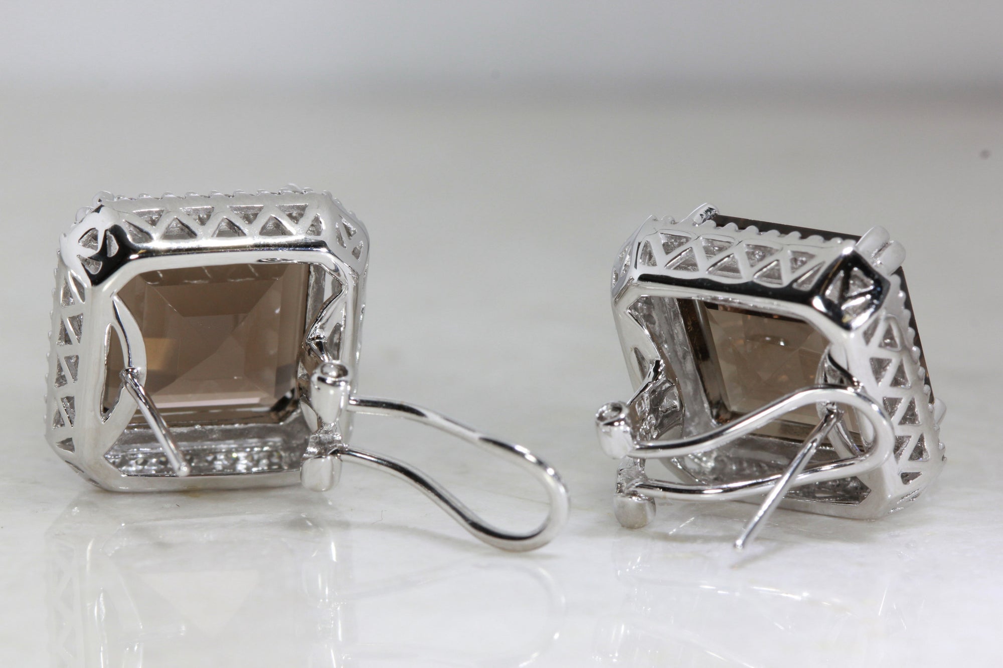 14k WHITE GOLD LADIES DIAMOND EARRINGS & SMOKY TOPAZ SQUARE SHAPE