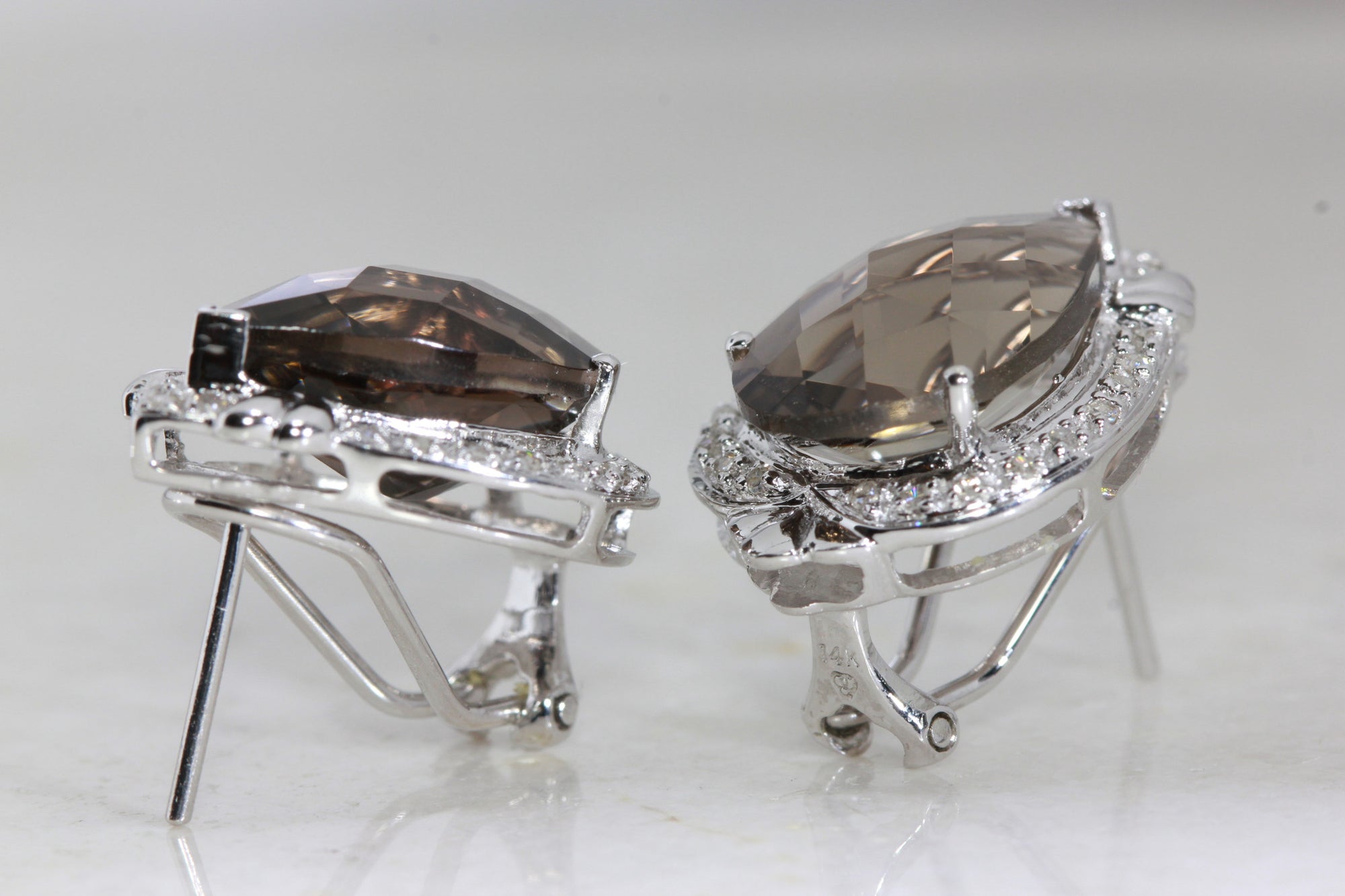 WHITE GOLD LADIES DIAMOND EARRINGS & SMOKY TOPAZ CHECKERBOARD