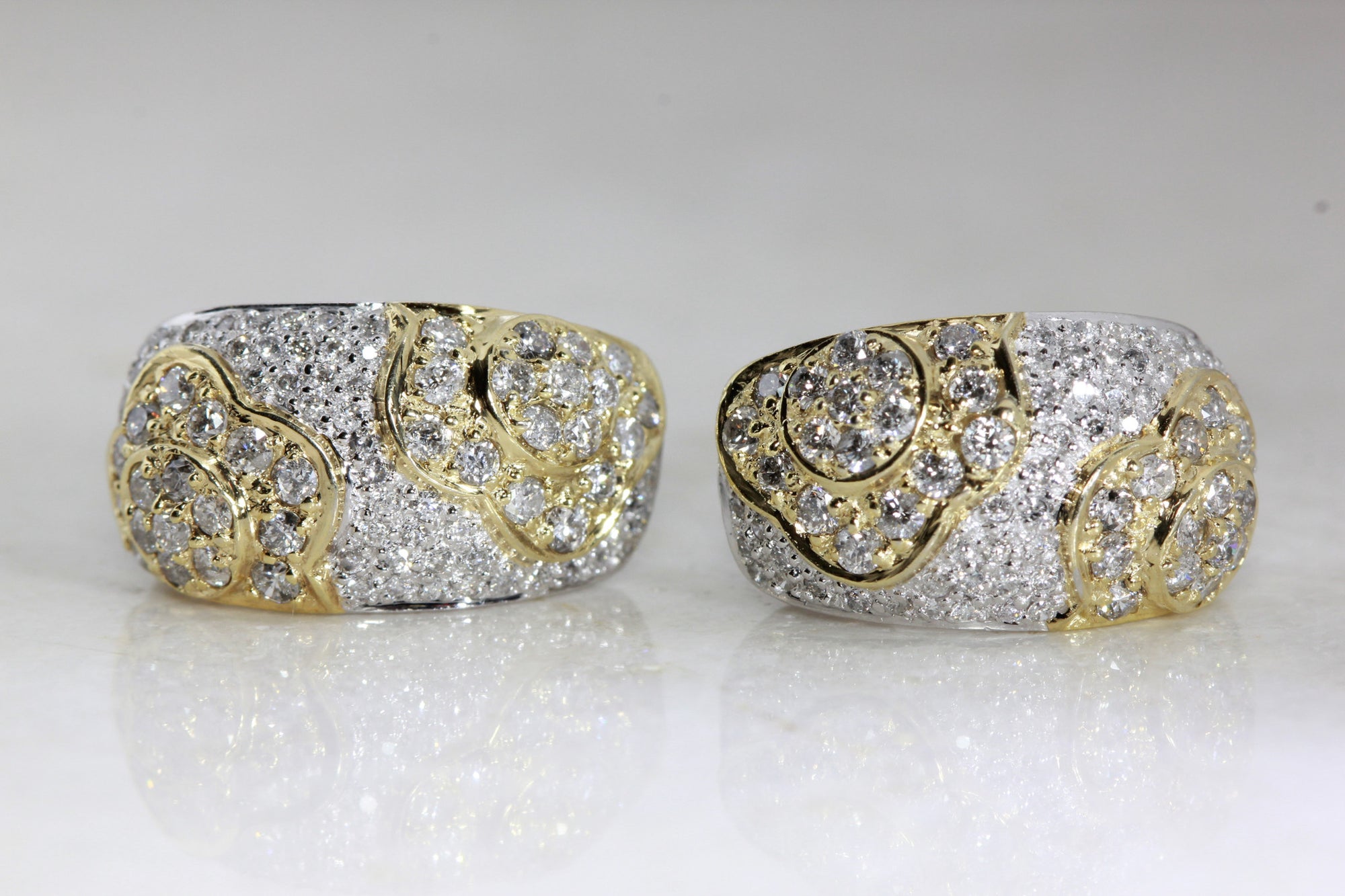 14K TWO TONE GOLD LADIES DIAMOND FLOWER EARRING PAVE SET