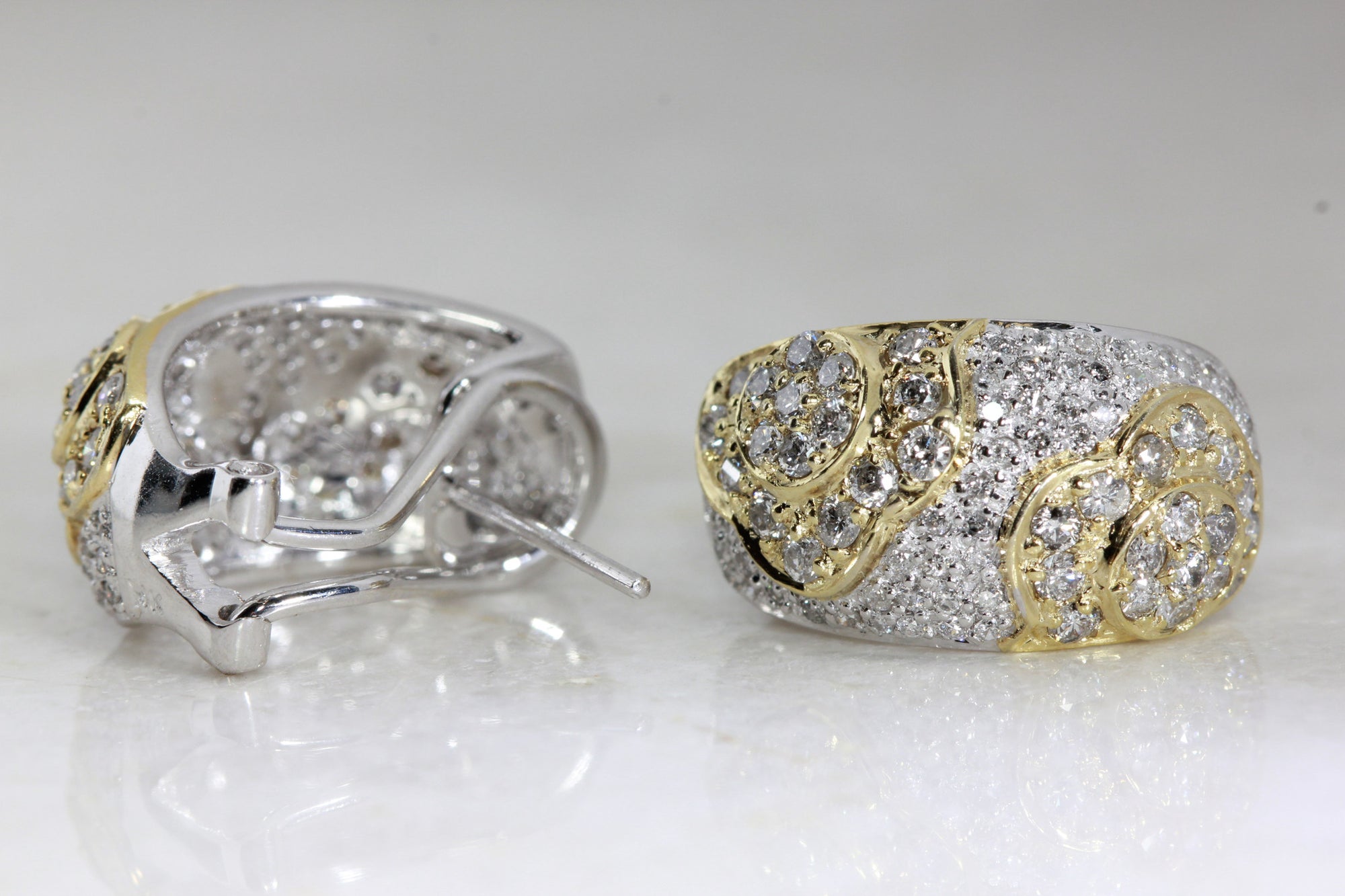 14K TWO TONE GOLD LADIES DIAMOND FLOWER EARRING PAVE SET