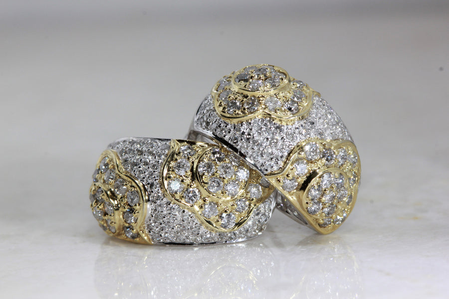 14K TWO TONE GOLD LADIES DIAMOND FLOWER EARRING PAVE SET