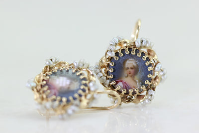 ANTIQUE SEED PEARLS PAINTED CAMEO EARRINGS LADIES 14k YELLOW GOLD
