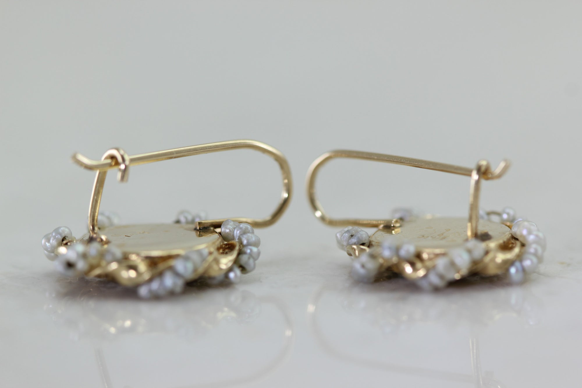 ANTIQUE SEED PEARLS PAINTED CAMEO EARRINGS LADIES 14k YELLOW GOLD