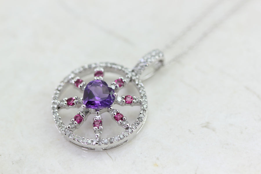 LADIES AMETHYST RUBELLITE TOURMALINE & DIAMOND ROUND PENDANT 14k WHITE GOLD