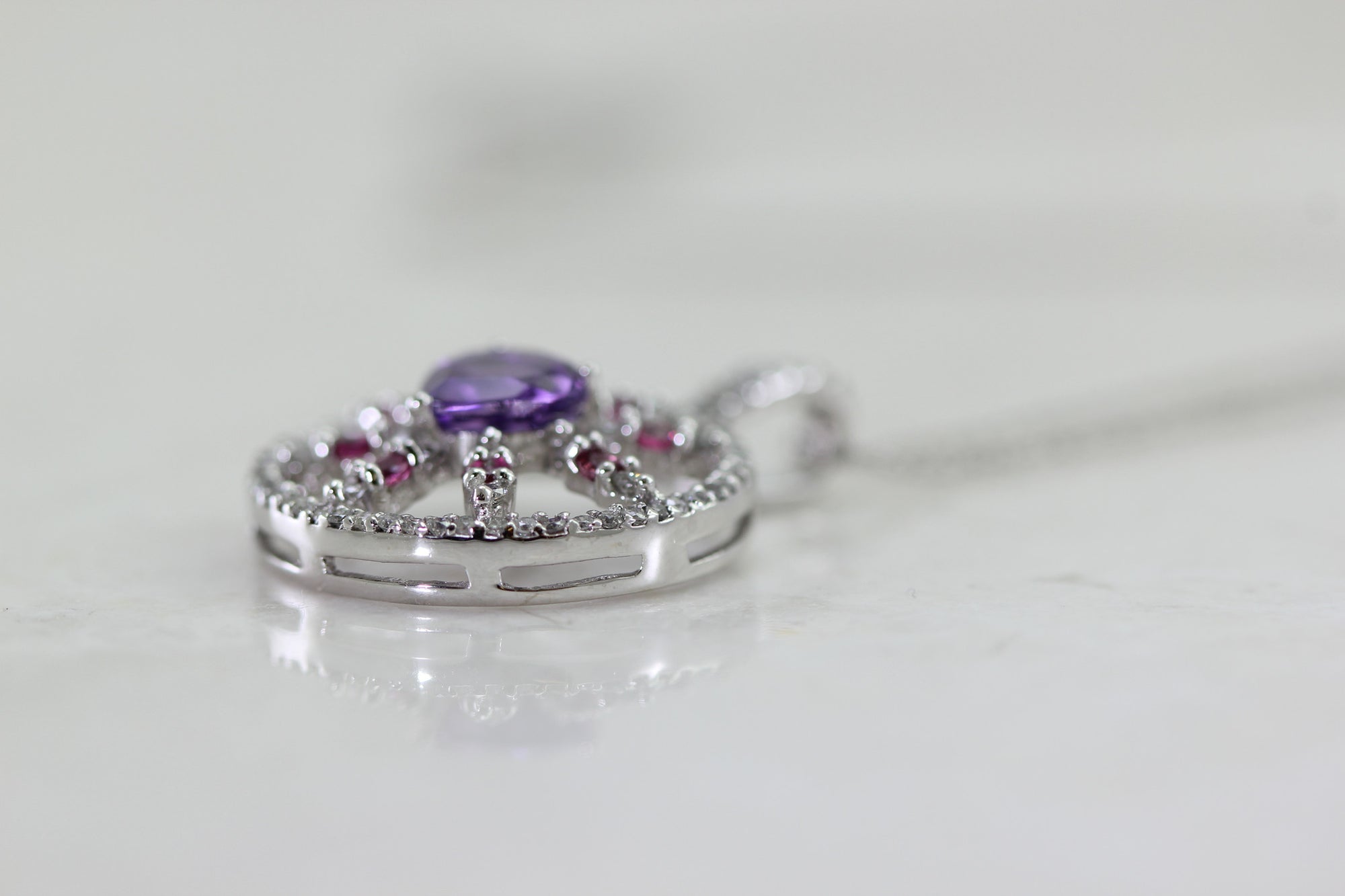 LADIES AMETHYST RUBELLITE TOURMALINE & DIAMOND ROUND PENDANT 14k WHITE GOLD