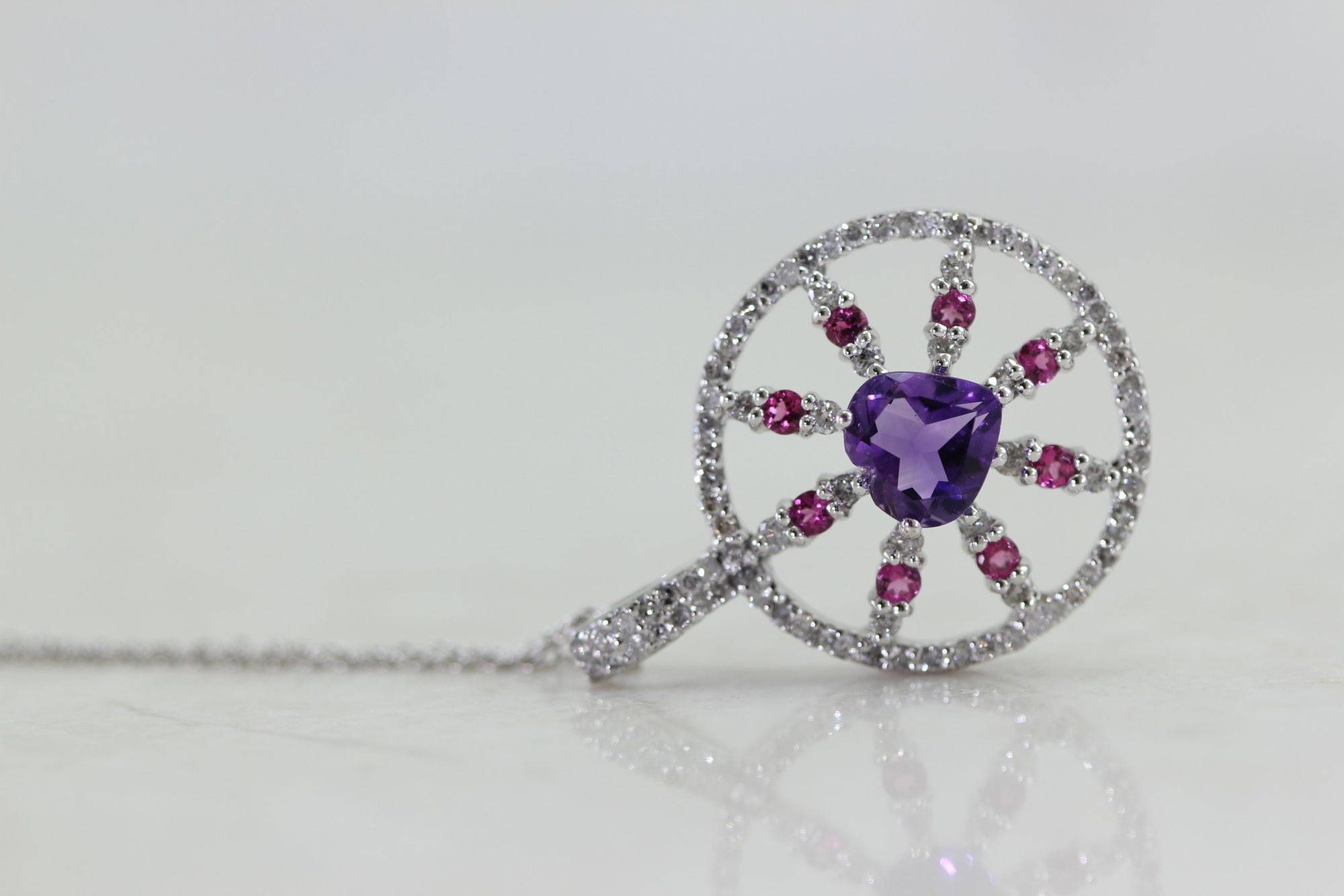 LADIES AMETHYST RUBELLITE TOURMALINE & DIAMOND ROUND PENDANT 14k WHITE GOLD