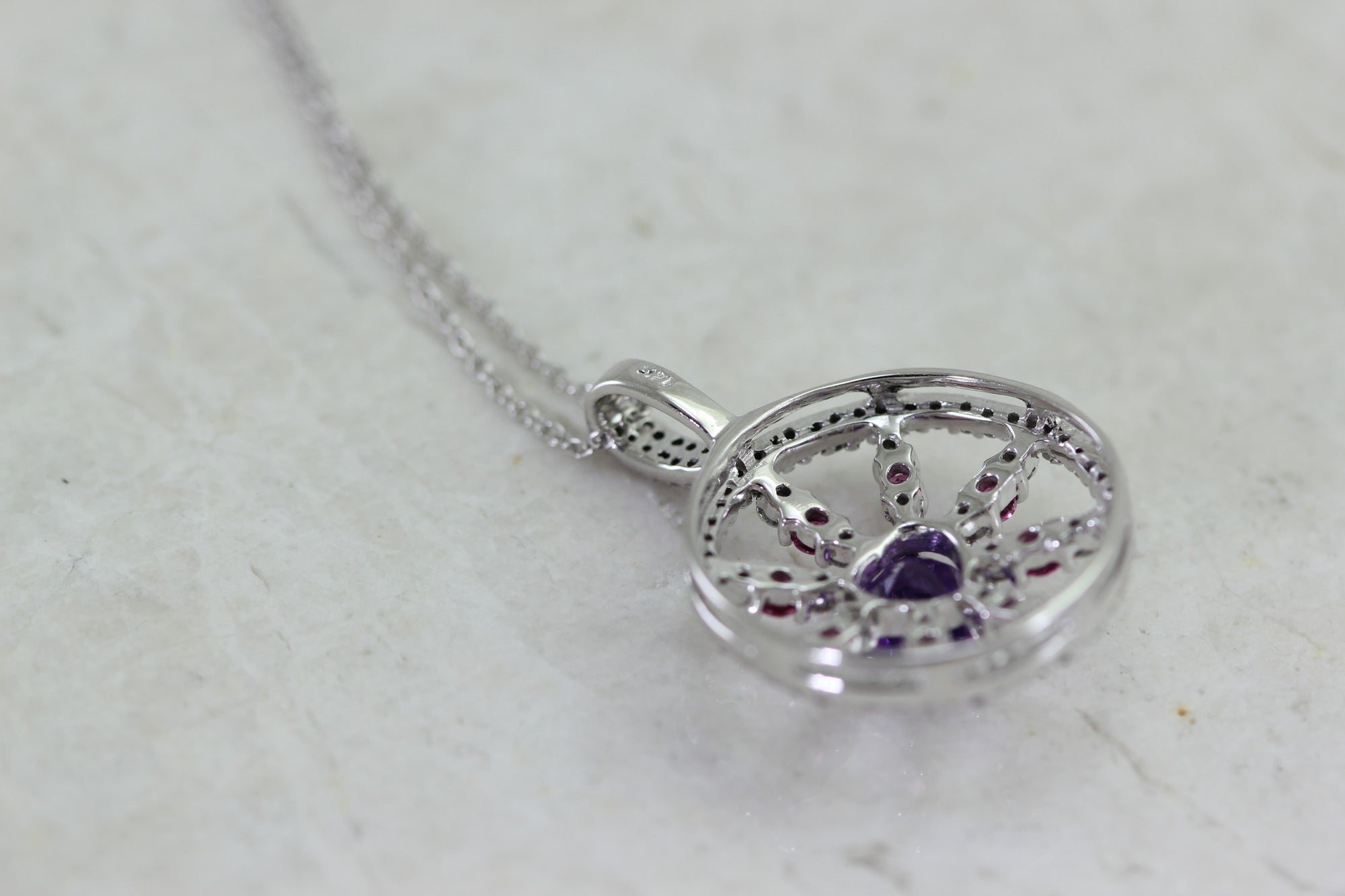 LADIES AMETHYST RUBELLITE TOURMALINE & DIAMOND ROUND PENDANT 14k WHITE GOLD