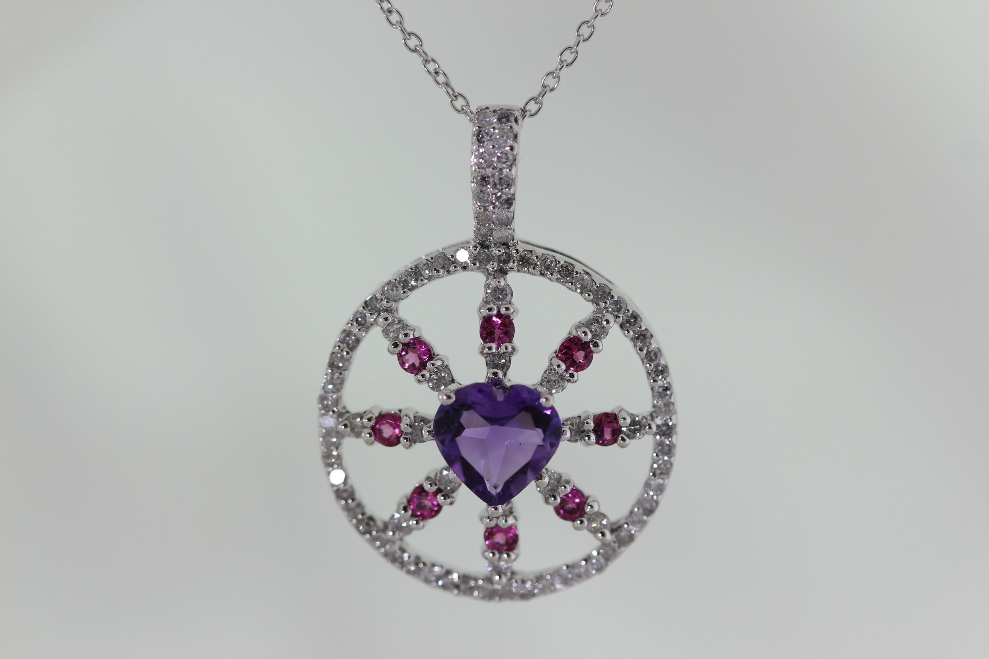 LADIES AMETHYST RUBELLITE TOURMALINE & DIAMOND ROUND PENDANT 14k WHITE GOLD