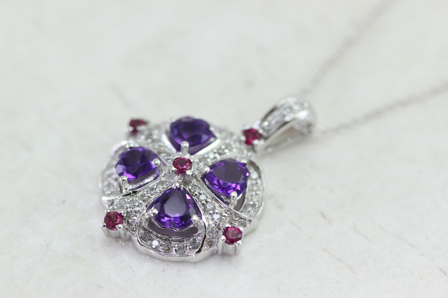 LADIES AMETHYST RUBELLITE TOURMALINE & DIAMOND PENDANT 14k WHITE GOLD
