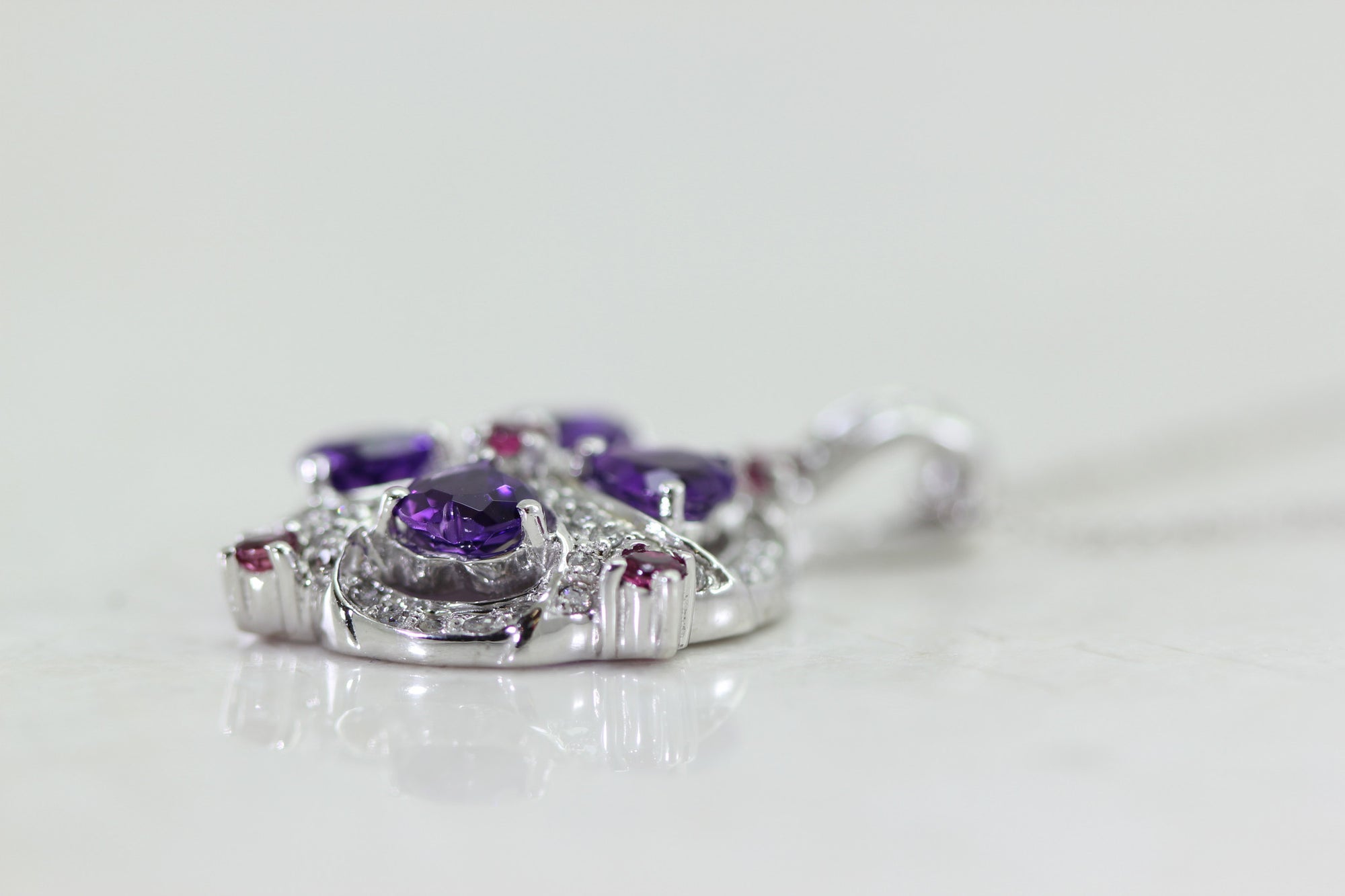 LADIES AMETHYST RUBELLITE TOURMALINE & DIAMOND PENDANT 14k WHITE GOLD
