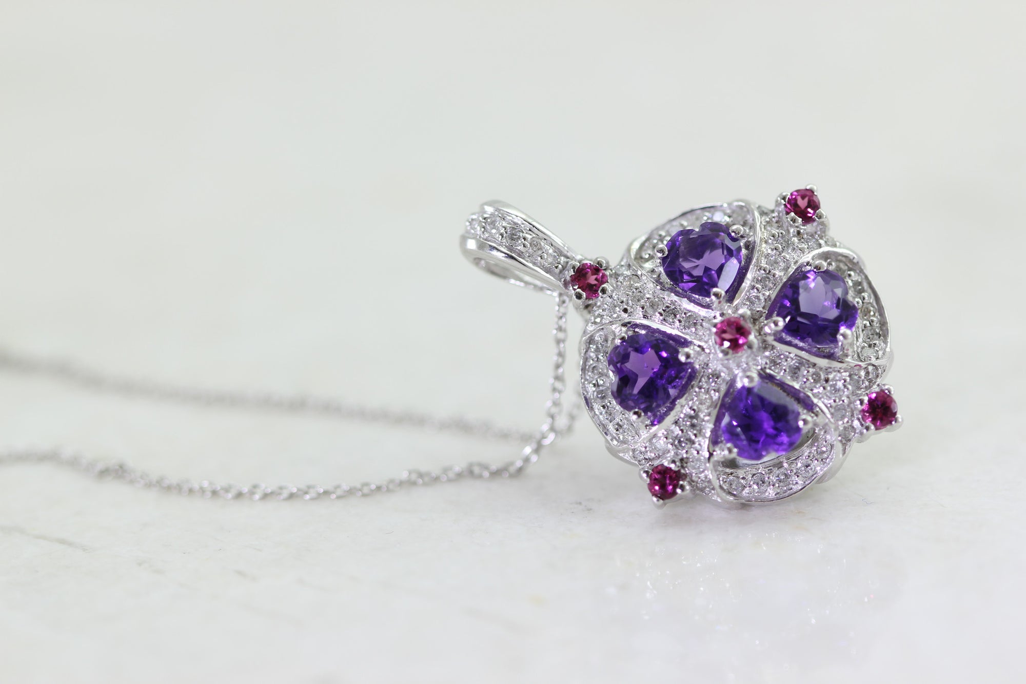 LADIES AMETHYST RUBELLITE TOURMALINE & DIAMOND PENDANT 14k WHITE GOLD