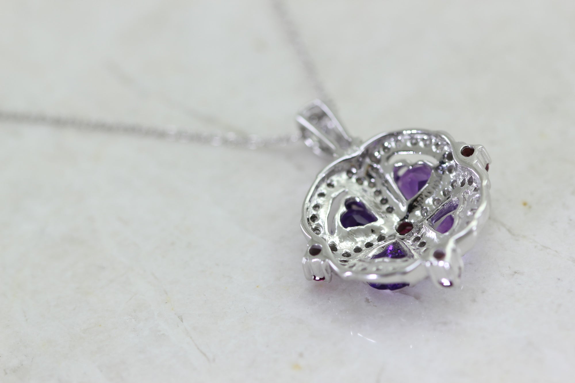 LADIES AMETHYST RUBELLITE TOURMALINE & DIAMOND PENDANT 14k WHITE GOLD