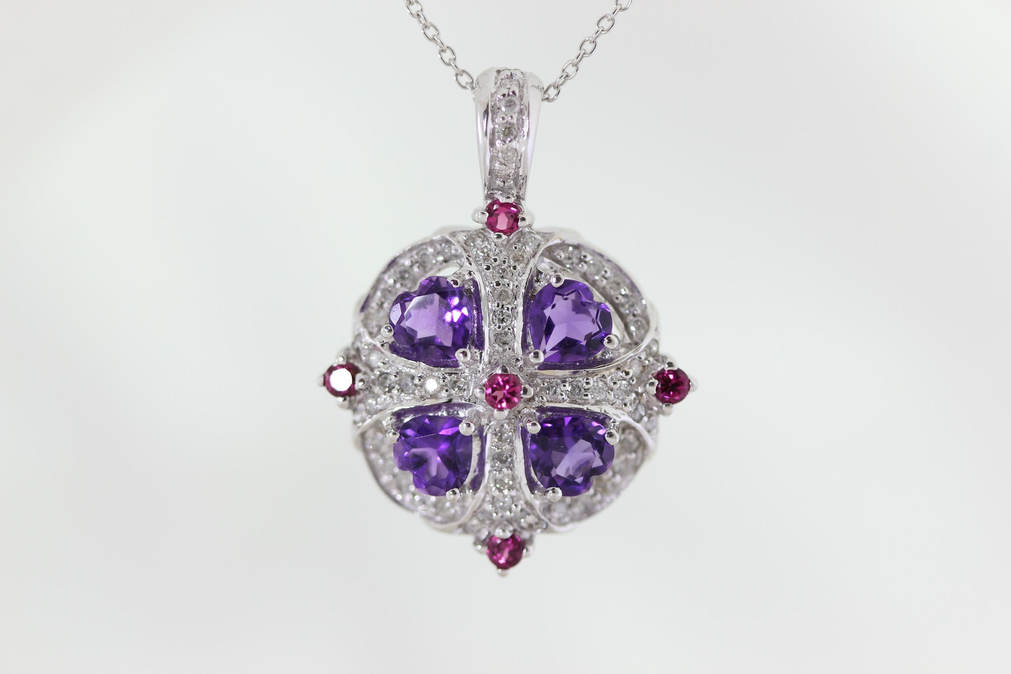 LADIES AMETHYST RUBELLITE TOURMALINE & DIAMOND PENDANT 14k WHITE GOLD