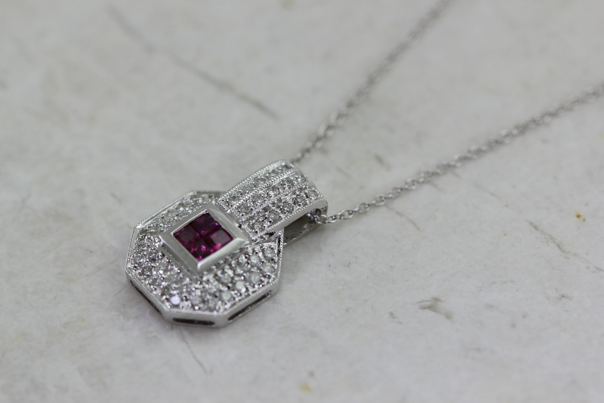 DIAMONDS & RUBY LADIES PENDANT AND CHAIN 14k WHITE GOLD
