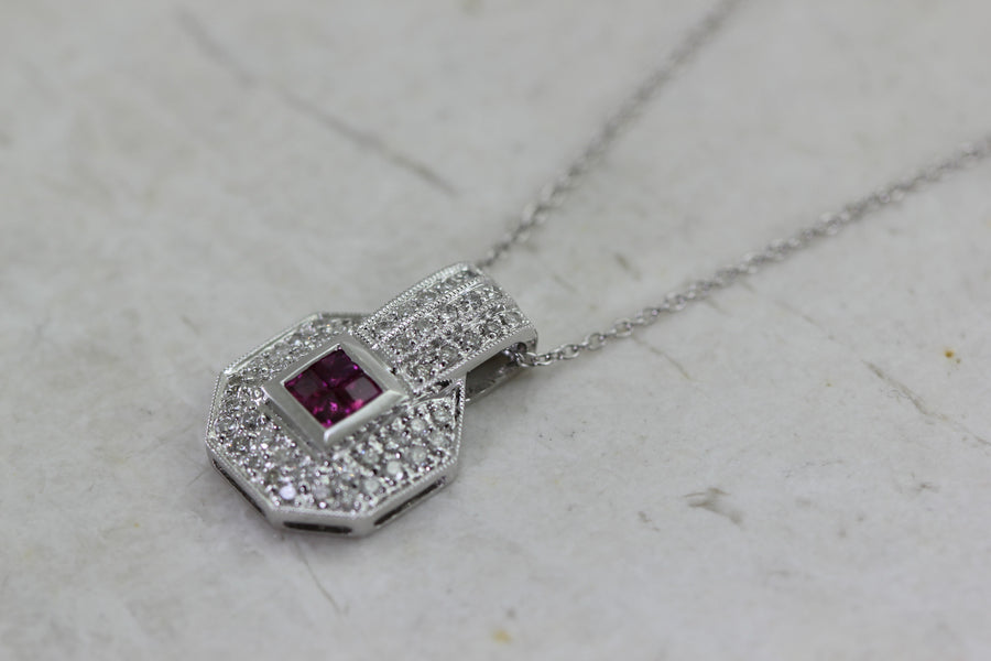 DIAMONDS & RUBY LADIES PENDANT AND CHAIN 14k WHITE GOLD