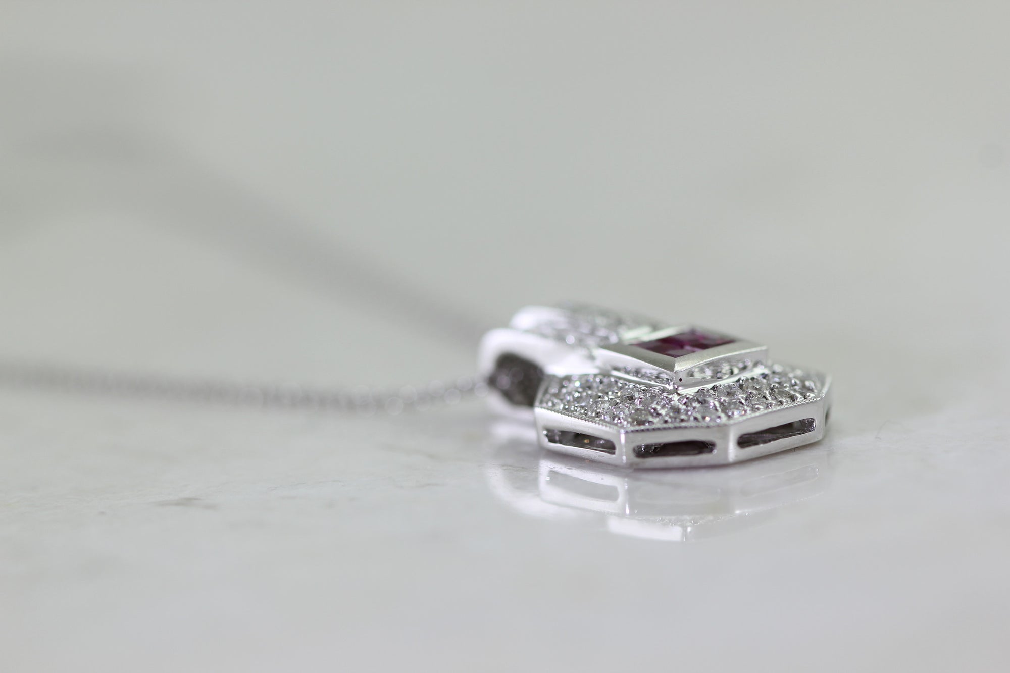 DIAMONDS & RUBY LADIES PENDANT AND CHAIN 14k WHITE GOLD