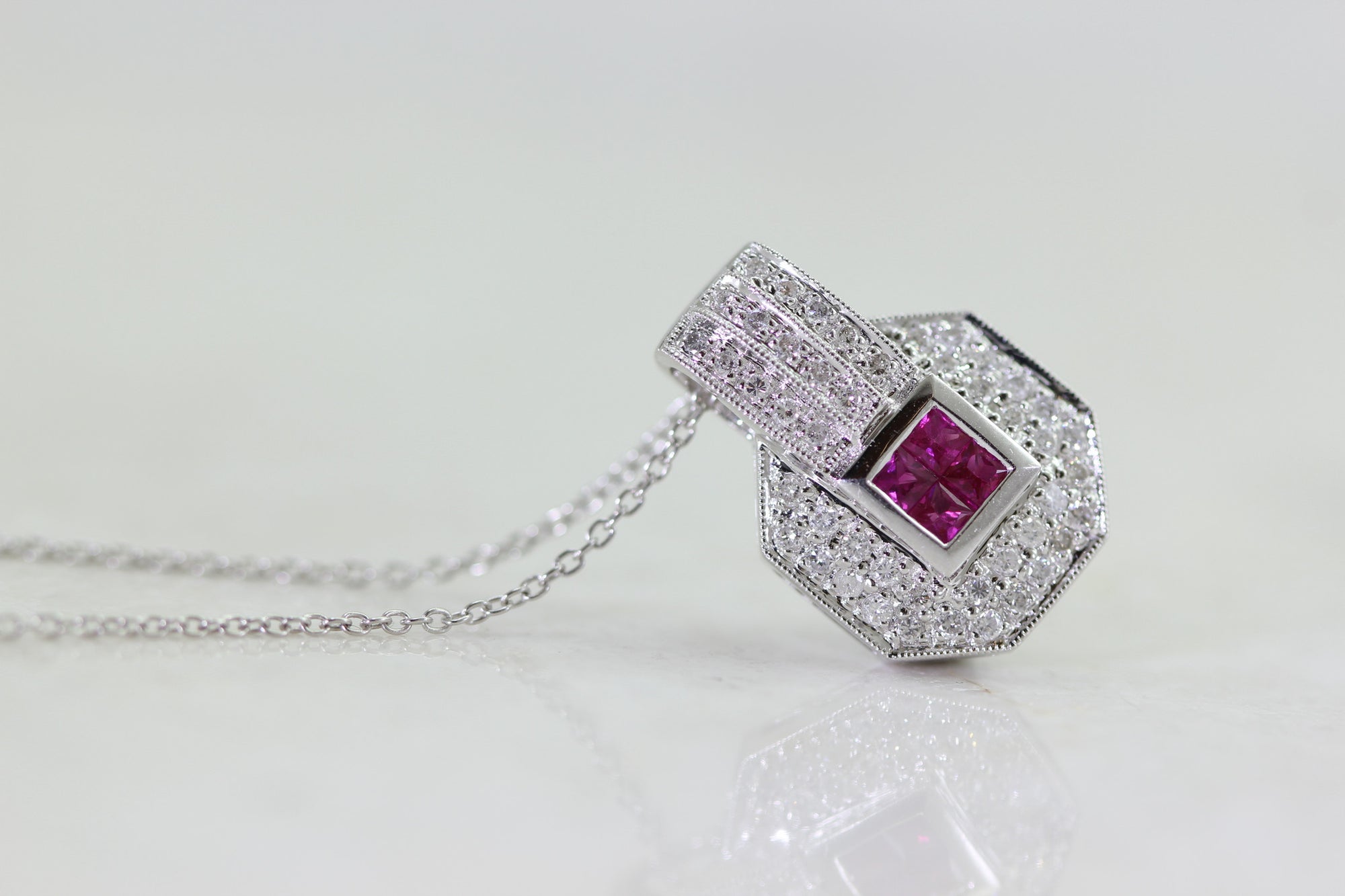DIAMONDS & RUBY LADIES PENDANT AND CHAIN 14k WHITE GOLD
