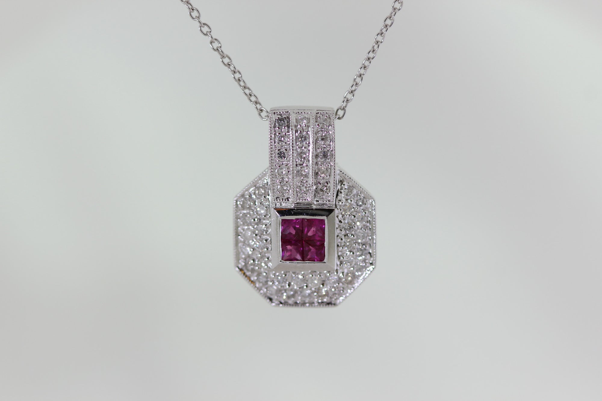 DIAMONDS & RUBY LADIES PENDANT AND CHAIN 14k WHITE GOLD