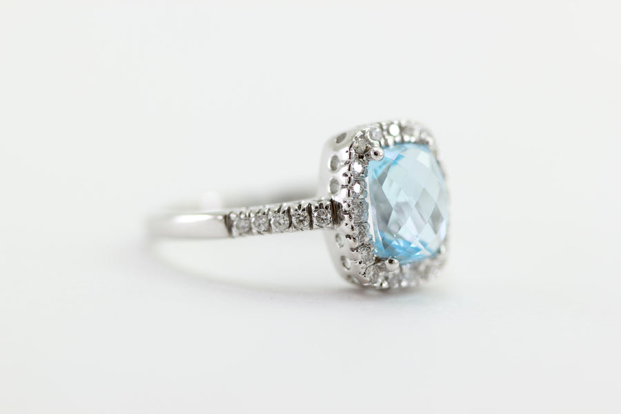 CHECKERBOARD SWISS BLUE TOPAZ DIAMOND HALO SET IN 14k WHITE GOLD RING