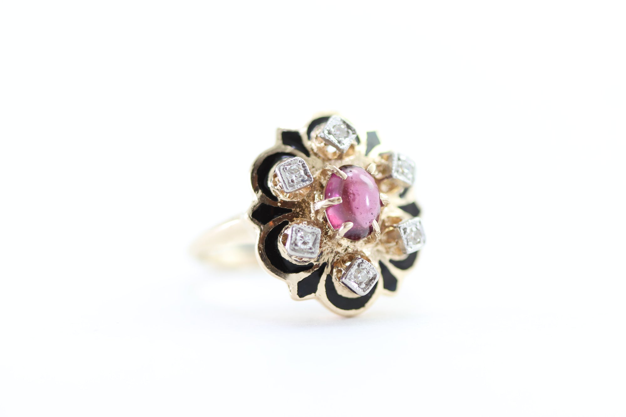 ANTIQUE GEORGIAN COCKTAIL ENAMEL GARNET & DIAMOND 14K YELLOW GOLD RING