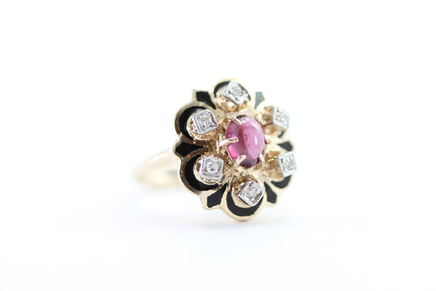 ANTIQUE GEORGIAN COCKTAIL ENAMEL GARNET & DIAMOND 14K YELLOW GOLD RING