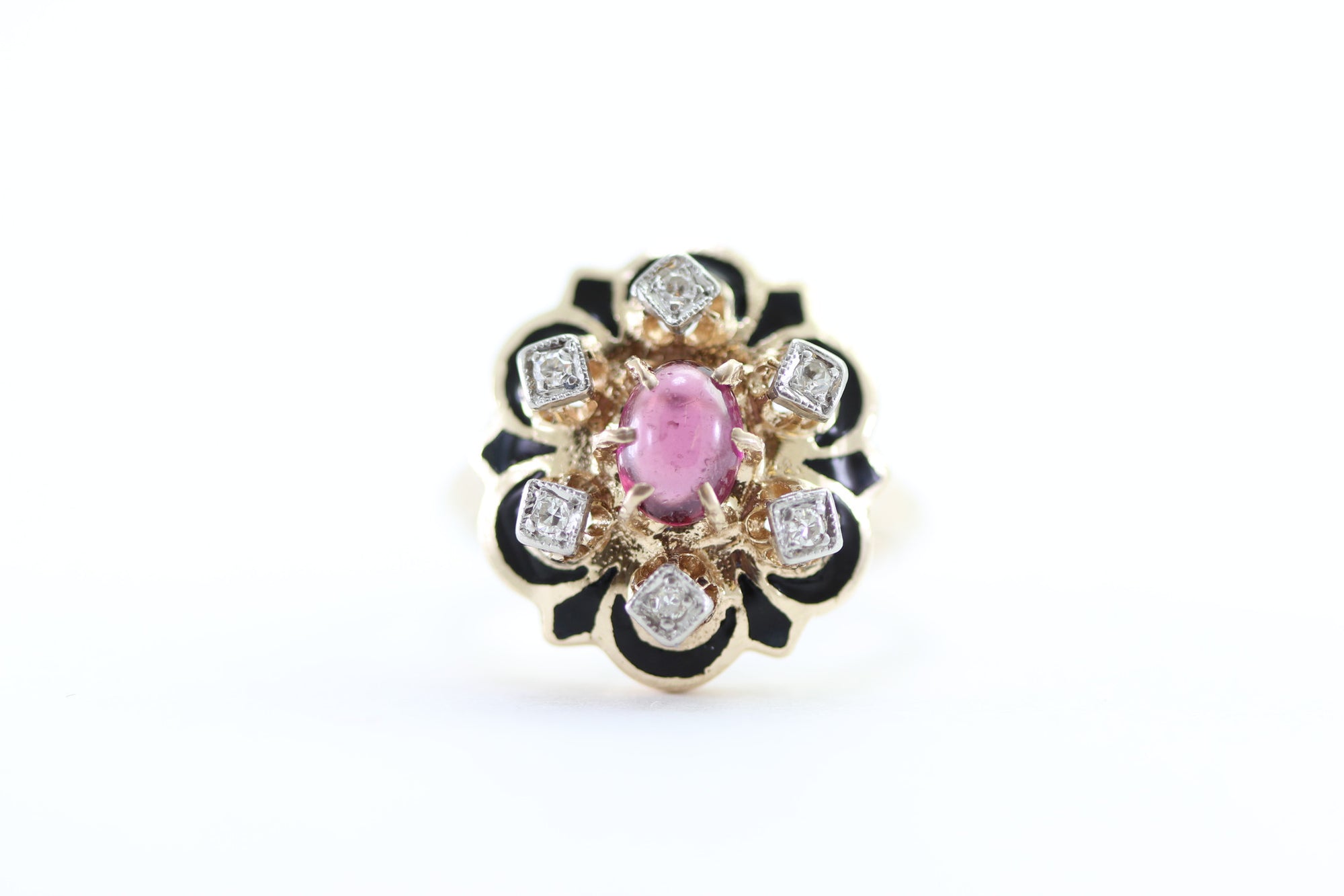 ANTIQUE GEORGIAN COCKTAIL ENAMEL GARNET & DIAMOND 14K YELLOW GOLD RING