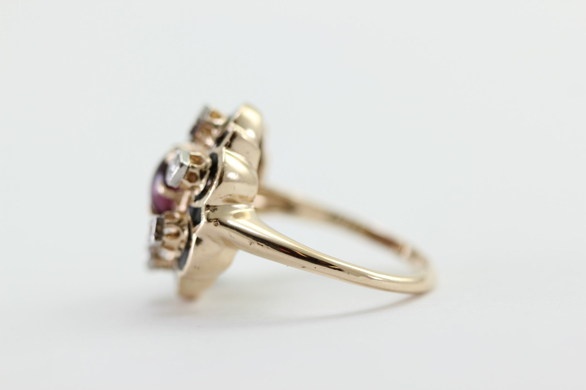 ANTIQUE GEORGIAN COCKTAIL ENAMEL GARNET & DIAMOND 14K YELLOW GOLD RING