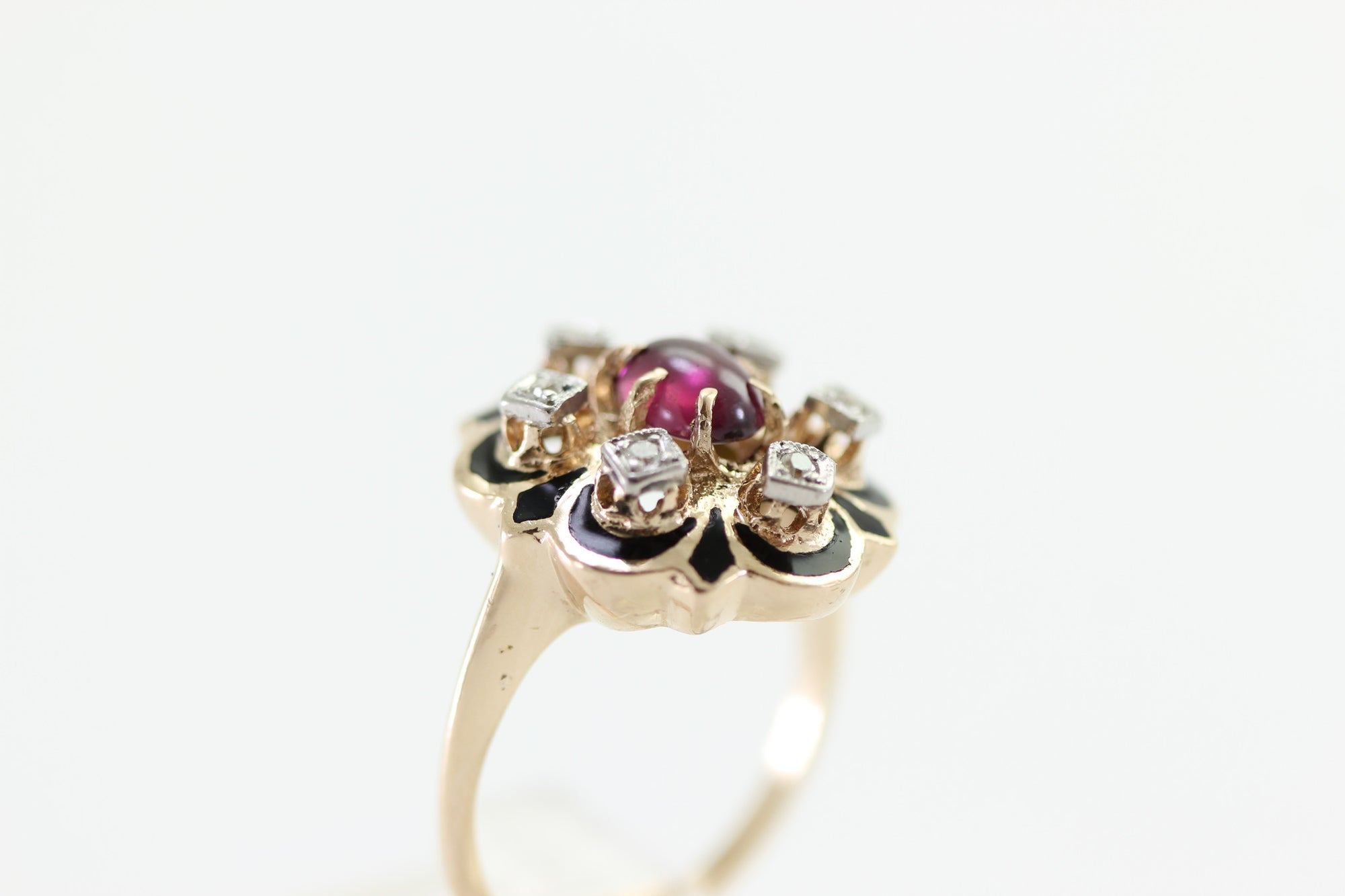 ANTIQUE GEORGIAN COCKTAIL ENAMEL GARNET & DIAMOND 14K YELLOW GOLD RING