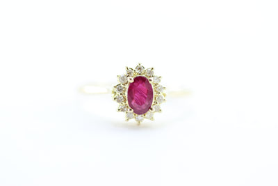 RUBY & DIAMOND HALO SET IN 14k YELLOW GOLD RING