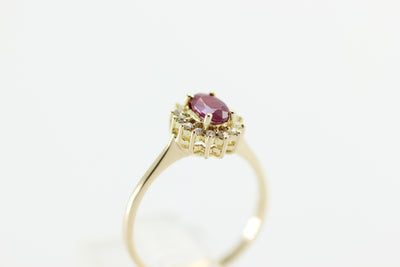 RUBY & DIAMOND HALO SET IN 14k YELLOW GOLD RING