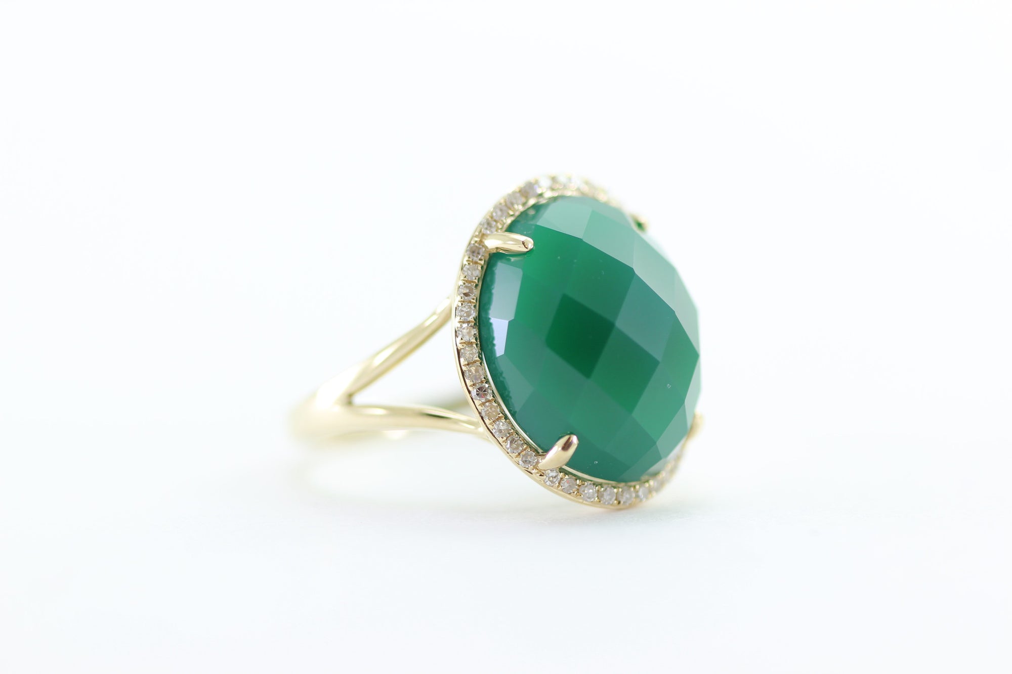 GREEN AGATE CHECKERBOARD 14K YELLOW GOLD DIAMOND HALO RING