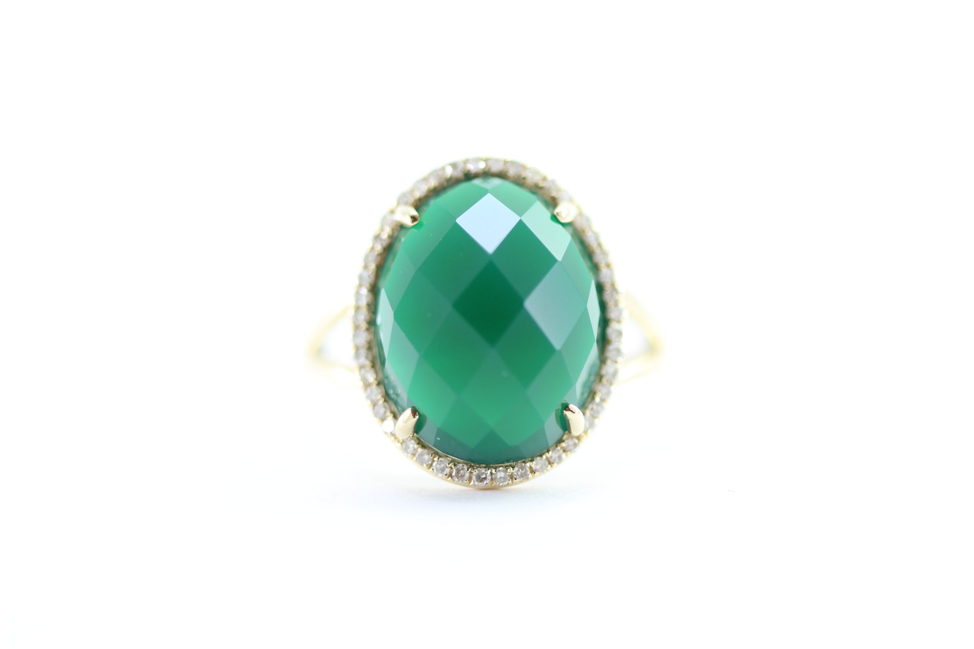 GREEN AGATE CHECKERBOARD 14K YELLOW GOLD DIAMOND HALO RING
