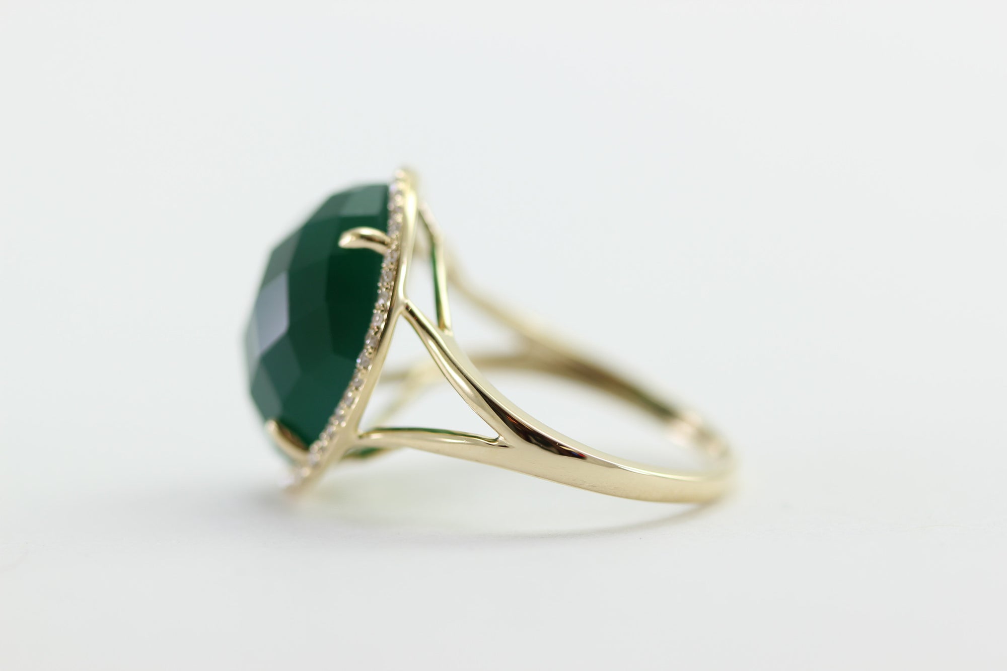 GREEN AGATE CHECKERBOARD 14K YELLOW GOLD DIAMOND HALO RING