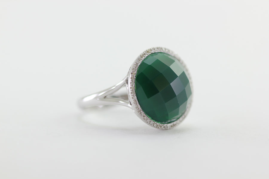 GREEN AGATE CHECKERBOARD 14K WHITE GOLD DIAMOND HALO RING