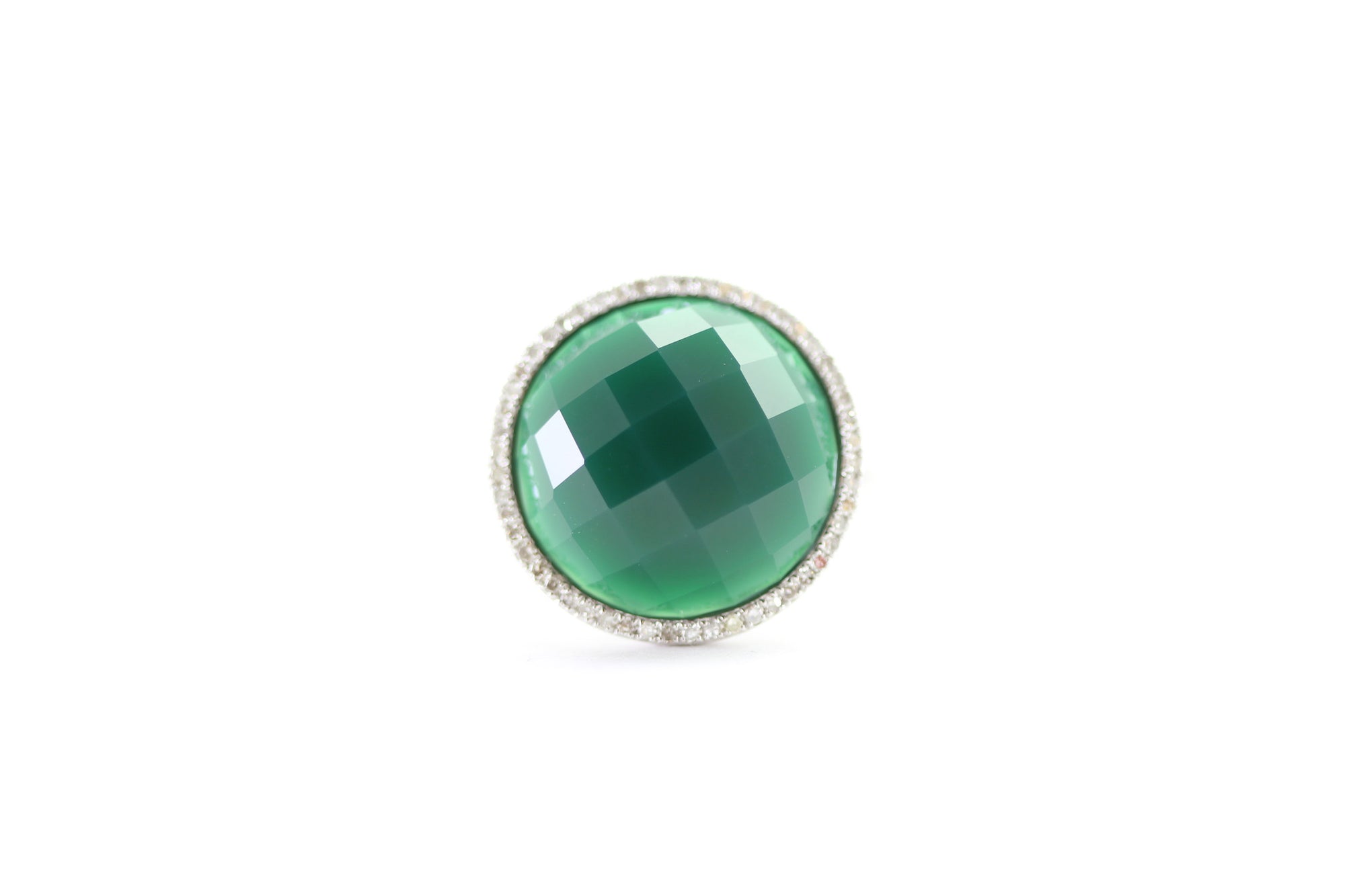 GREEN AGATE CHECKERBOARD 14K WHITE GOLD DIAMOND HALO RING